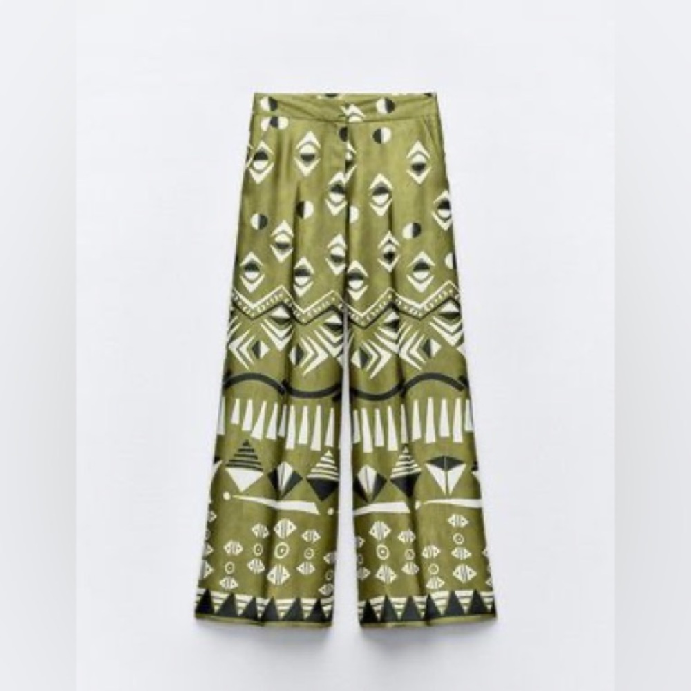 Zara NWT Satin Wide Leg Trousers Ecru/Green Size Small 🔥